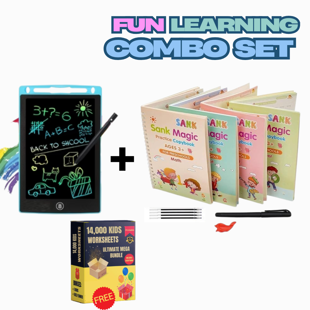 Fun Learning Combo Set for Kids | Sank Magic book Set (set of 4) + LCD Colour Writing Tablet 8.5Inch & 14000+ Printable Worksheets PDF Free** - Tuno Toys