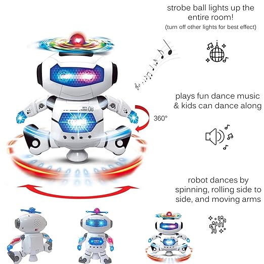 Dancing Naughty Robot with 3D Flashing Lights & Music for Kids, Battery Operated, Multi Color (360 Degree Dancing Smart Robot) - Tuno Toys