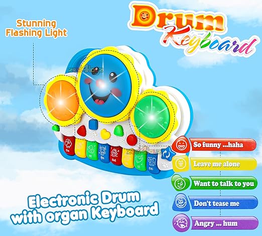 Drum Keyboard Musical Toys with Flashing Lights, Animal Sounds and Songs, Multi Color - Tuno Toys