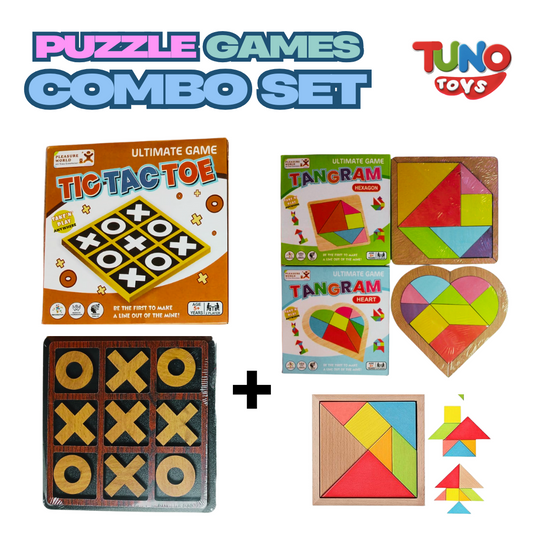 Wooden Combo Tangram Puzzle (set of 3 shapes) & Tic Tac Toe Game for Kids - Tuno Toys